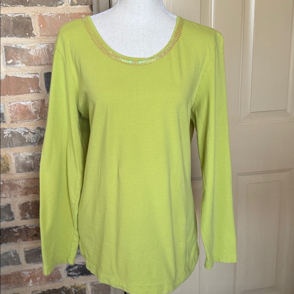 Chicos Green Sequin Embellished Neck Long Sleeve Top Whimsical Sz 3/XL